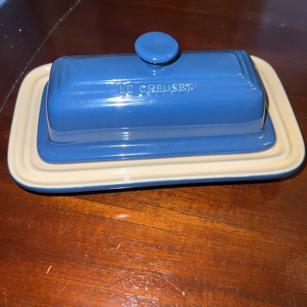 Le Creuset Blue and Cream Ceramic Butter Dish